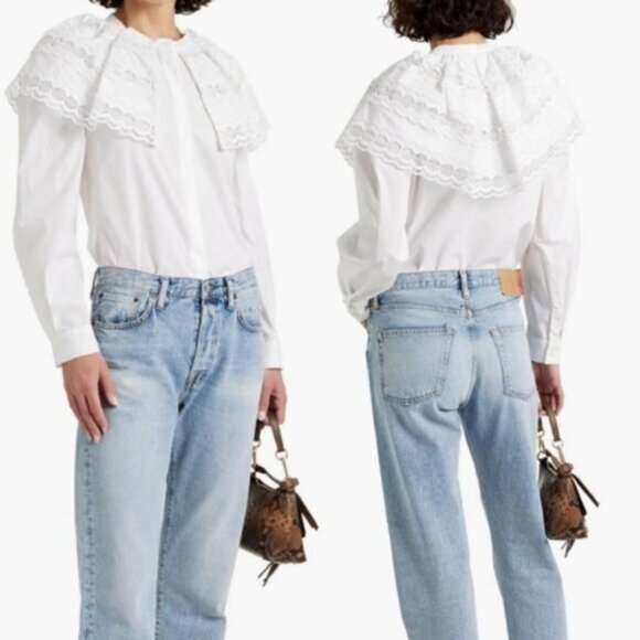 NWOT SANDRO Ernesta ruffled broderie anglaise cotton blouse Sz 1 US sz 4 - Picture 1 of 16